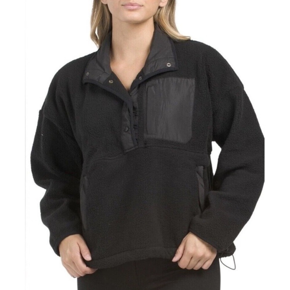 Wilo The Label Womens Black Sherpa Fleece Quarter Snap Pullover Jacket Size M